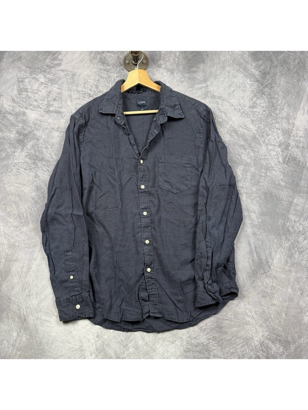 J.CREW Shirt Mens L Blue Linen Button Up Long Sleeve Casual Pocket